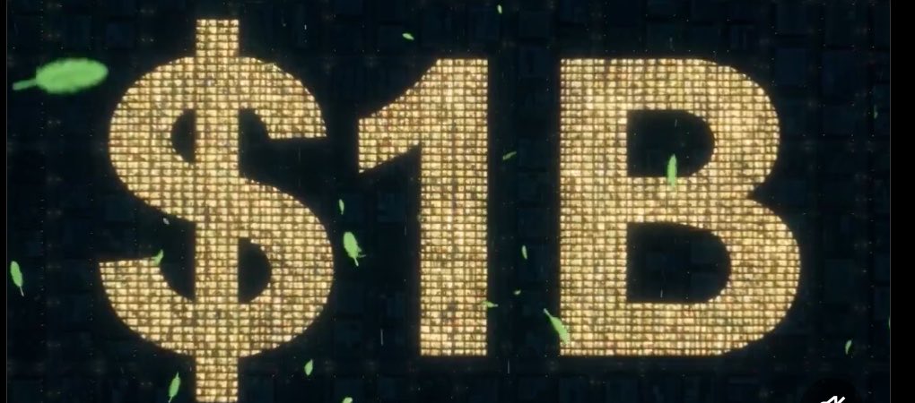 Golden pixel-mosaic $1B artwork with falling green leaves